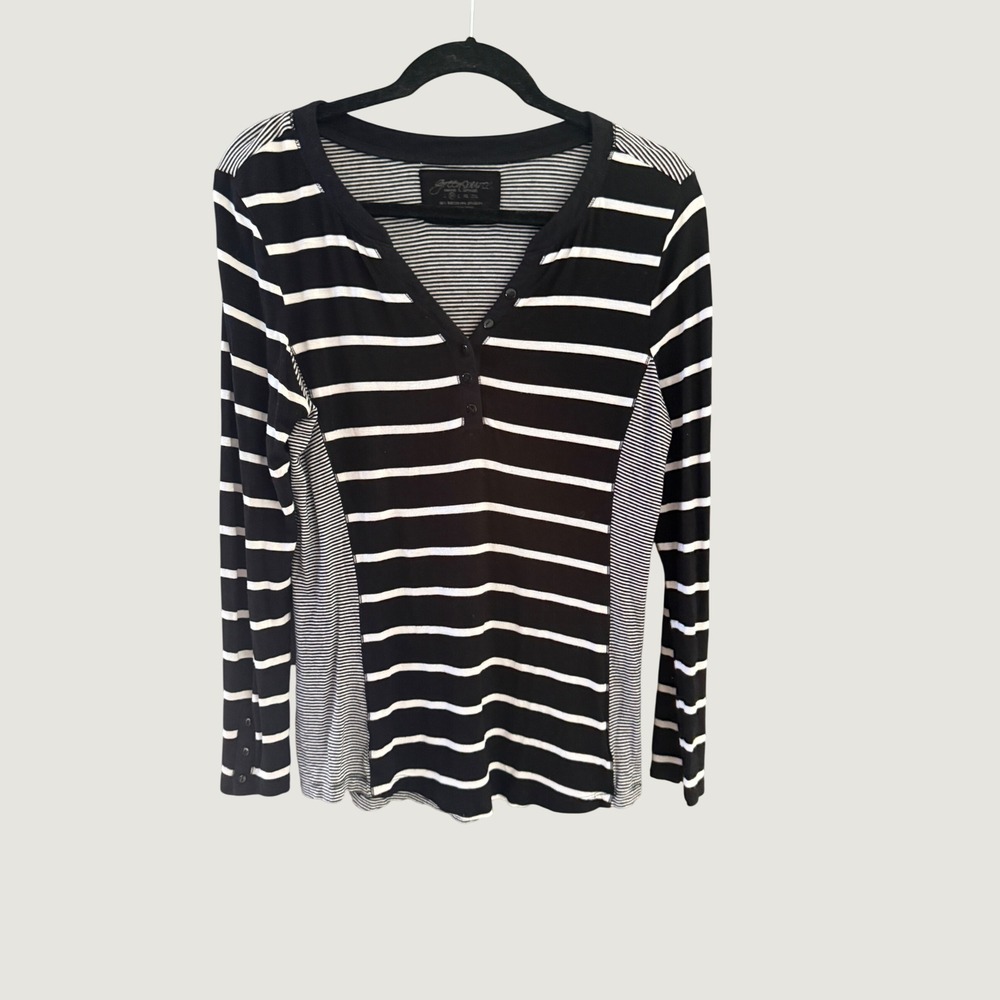 Y2k Grunge Green Tea Black White Mixed Stripe Long Sleeve Henley Top Size M